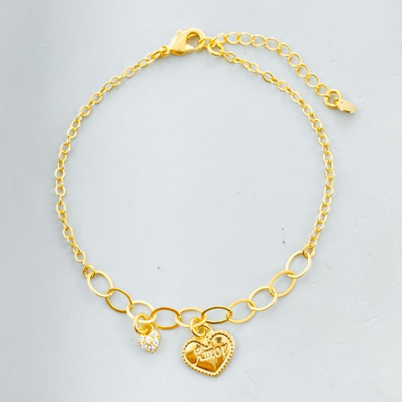 Pulseira Semijoia Elos Ovais Coração com Nome Amor e Cravejado