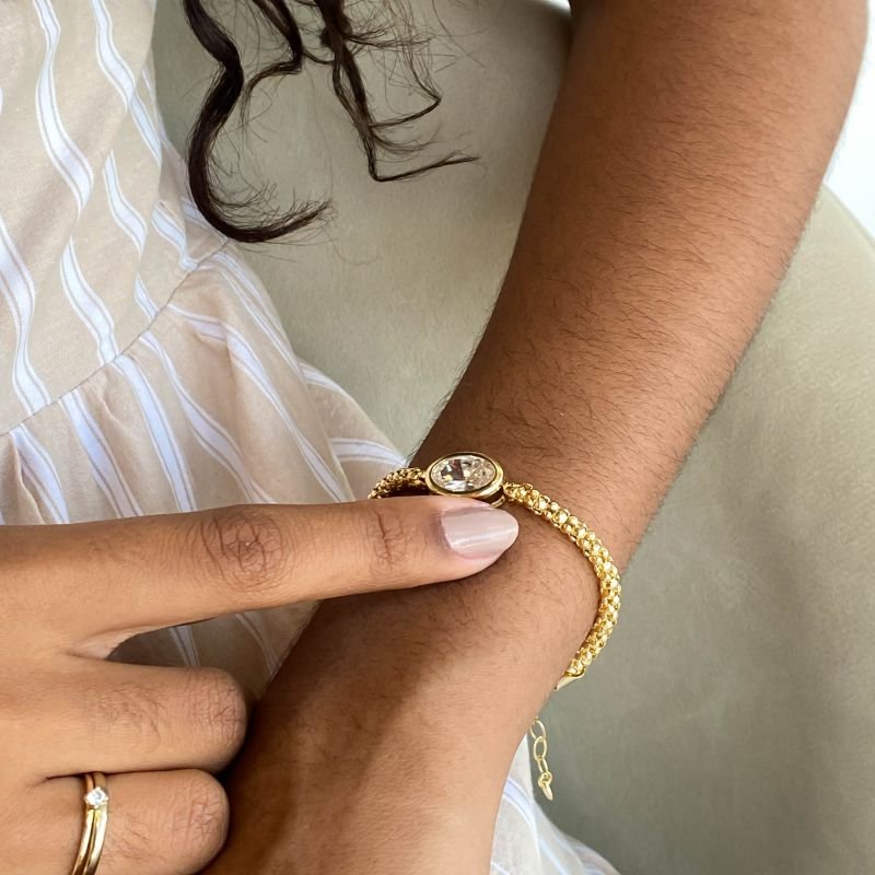 Pulseira Semijoia Elos Pipoca Pedra Oval Borda Lisa