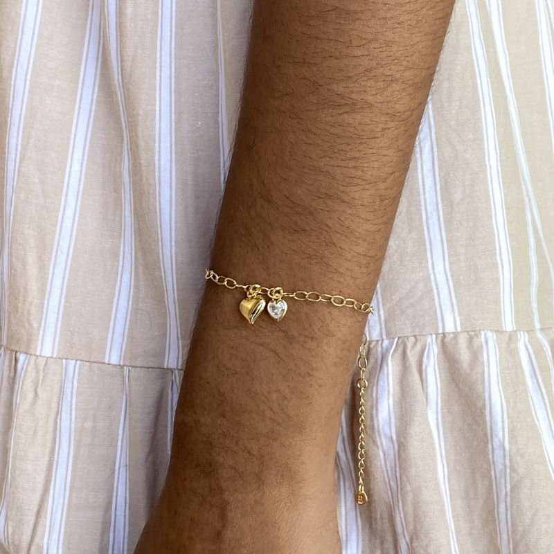 Pulseira Semijoia Elos Português com 2 Corações Liso e Pedra