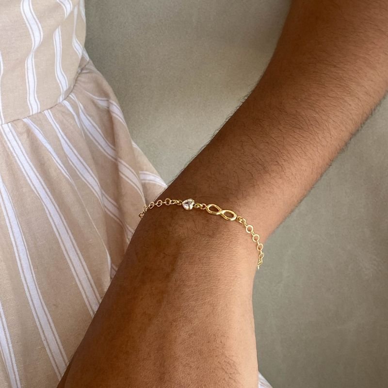 Pulseira Semijoia Elos Português Infinito e Pedra Coração