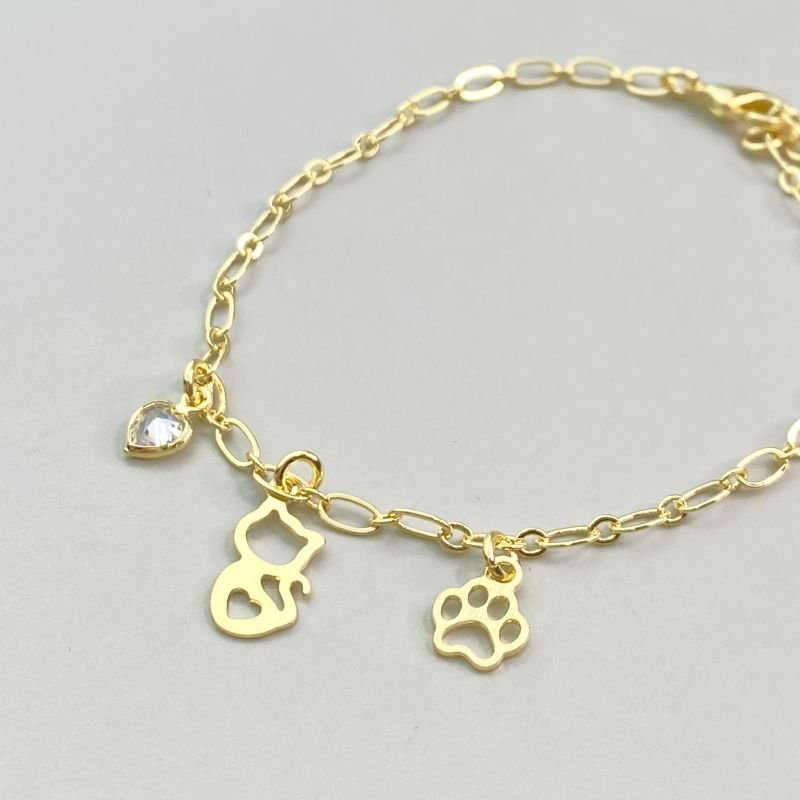 Pulseira Semijoia Gato Coração Vazado Patinha e Zircônia