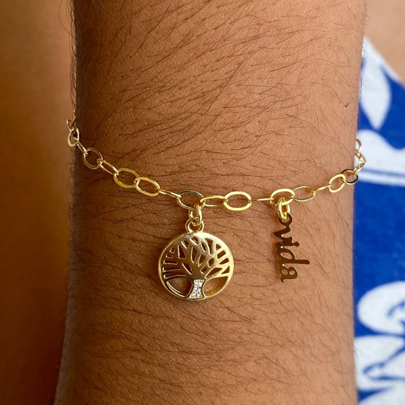 Pulseira Semijoia Lisa Árvore da Vida Nome Vida