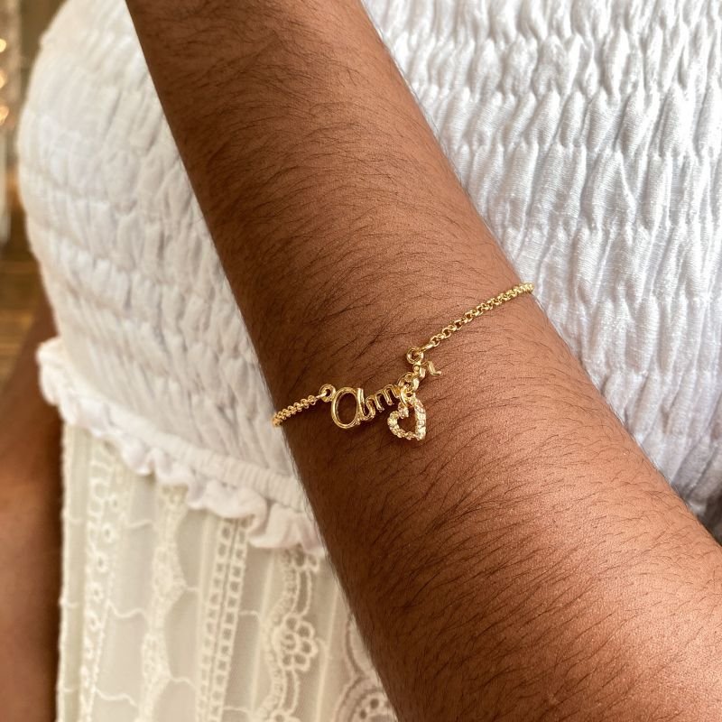 Pulseira Semijoia Nome Amor Coraca Vazado Com Zircônias Delicada
