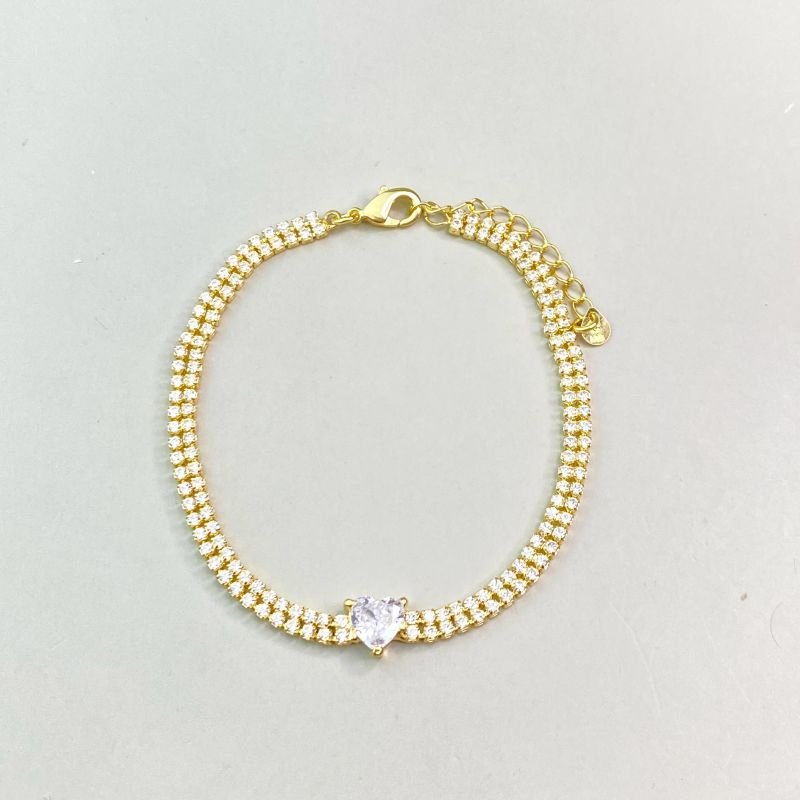 Pulseira Semijoia Riviera com 2 Linhas Zircônias Pedra Coração Zircônia Delicada Extensor