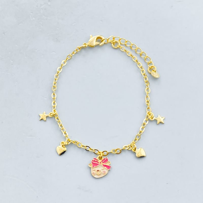 Pulseira Semijoia Urso Resinado com Laço Estrelas e Corações Lisos