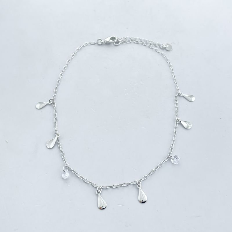 Tornozeleira Banho Ouro Branco Delicado Lisa com 6 gotas com 2 pedrinhas