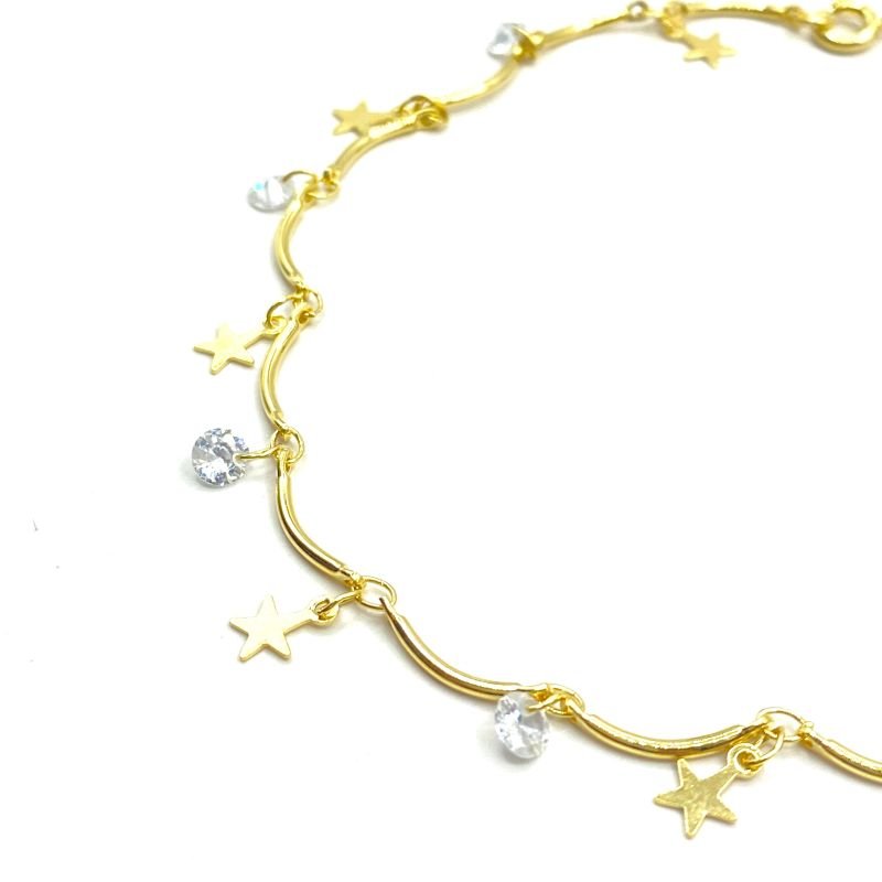 Tornozeleira Folheado Tracinhos Estrelas E Zircônias